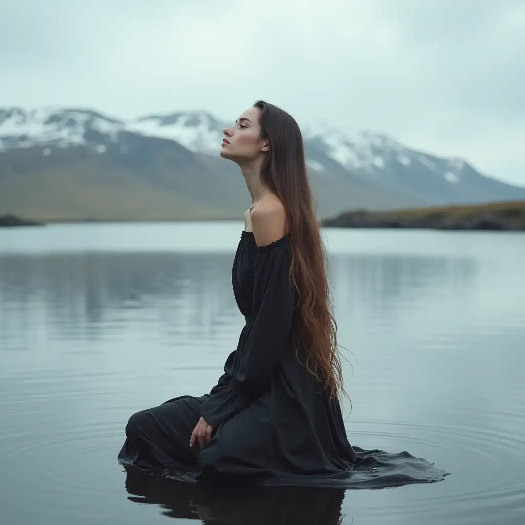 from-front-slender-longhaired-turkish-beauty-in-simple-viking-dress-kneeling-in-shallow-water-before-iceland-landscape-stretching-to-sky-head-turned-sideways