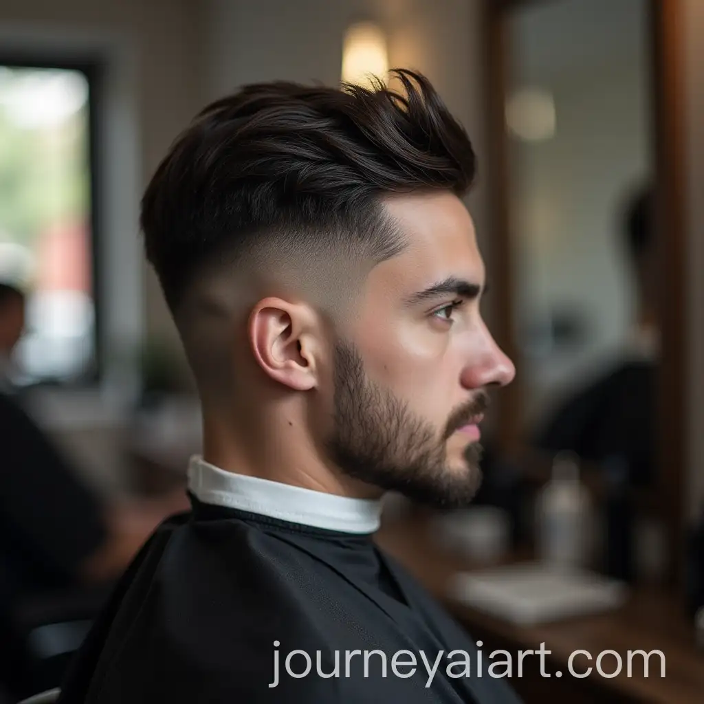European-Client-with-Short-Black-Barber-Haircut-in-Barbers-Chair-Portrait