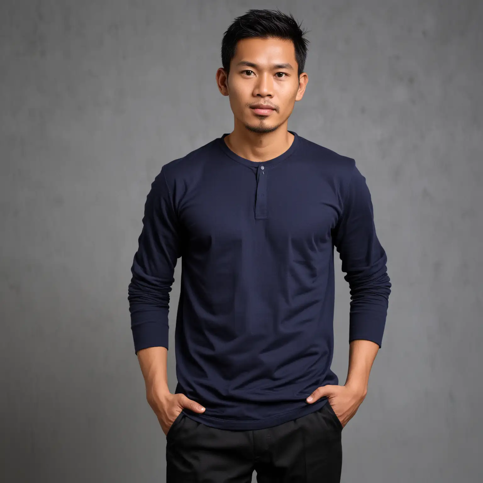 Handsome-Indonesian-Man-in-Navy-Blue-TShirt-and-Black-Pants