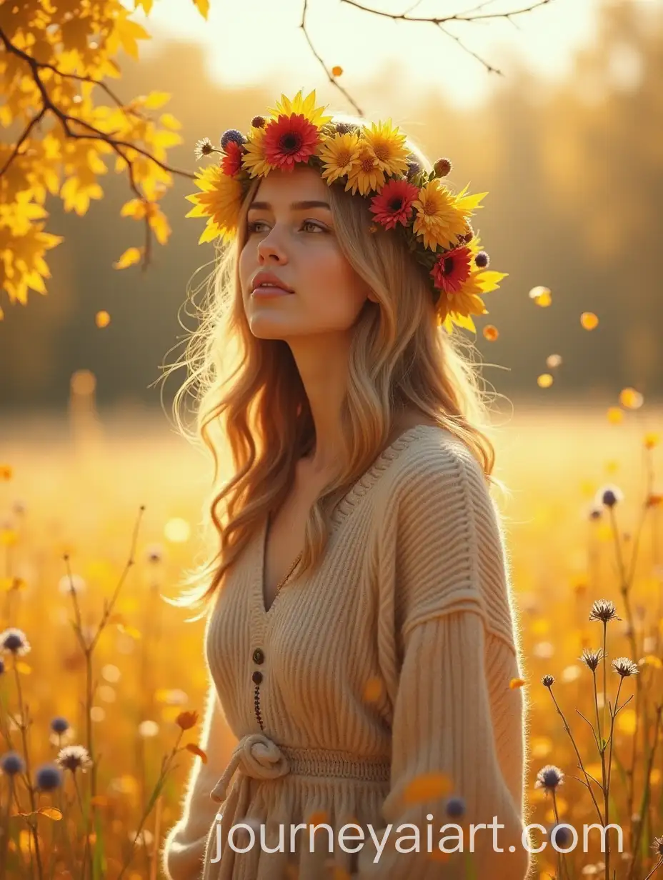 Fantasy-Character-in-Cozy-Knitted-Dress-with-Floral-Wreath-in-Autumn-Meadow