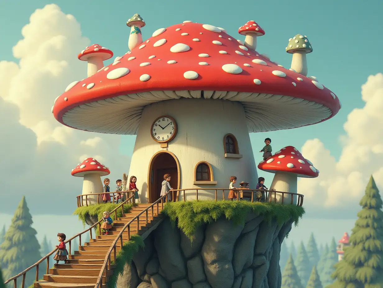 A magical floating mushroom house with tiny people on giant steps and bridge, clocks detailed artwork