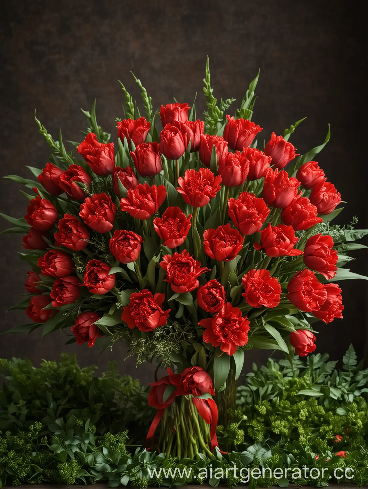 A vibrant bouquet for Aries made of red tulips and carnations surrounded by lush greenery. The flowers are arranged in a dynamic composition, symbolizing passion and energy. The background is fiery red, reflecting the bold nature of Aries.