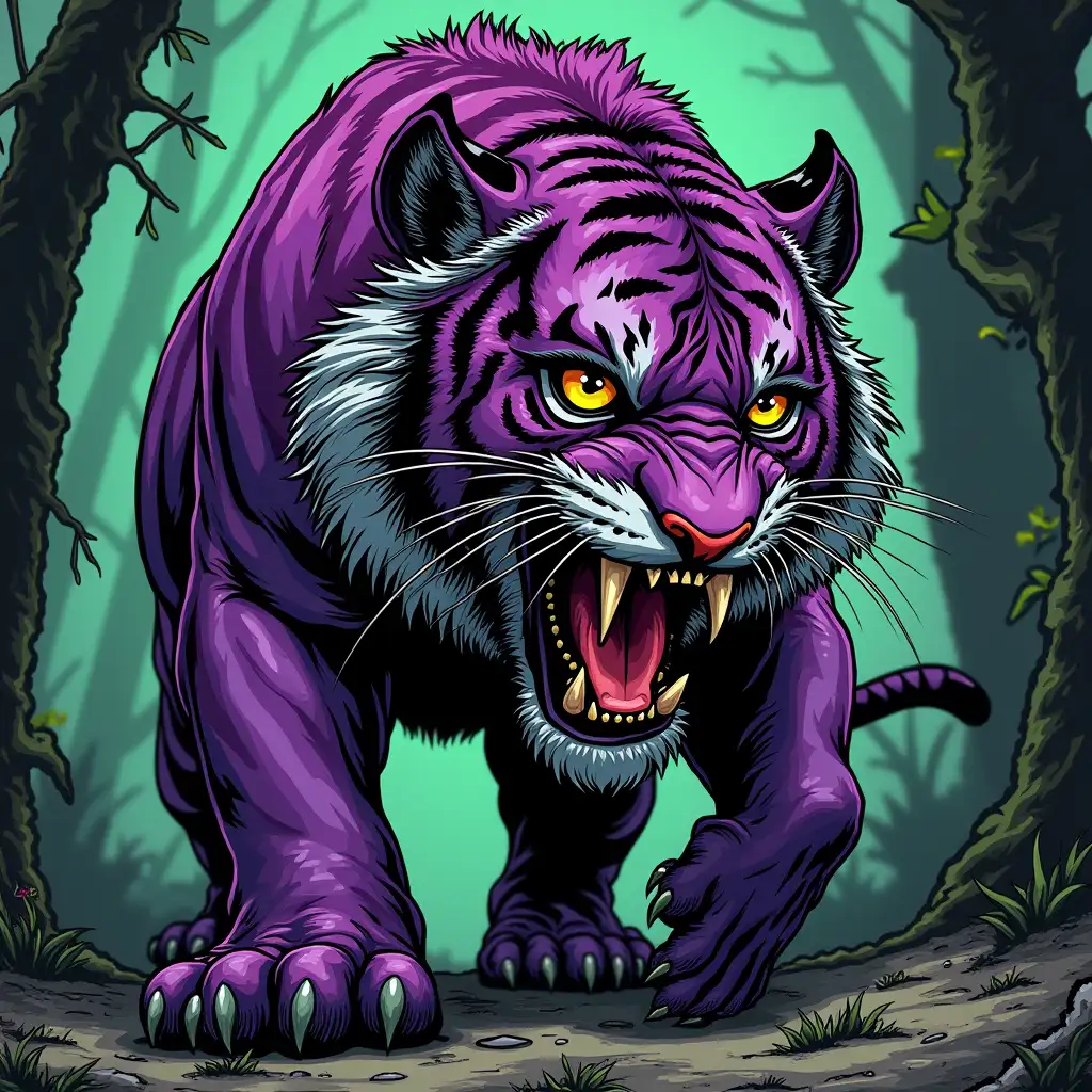 A vicious tiger with purple and green fur full body comic book style