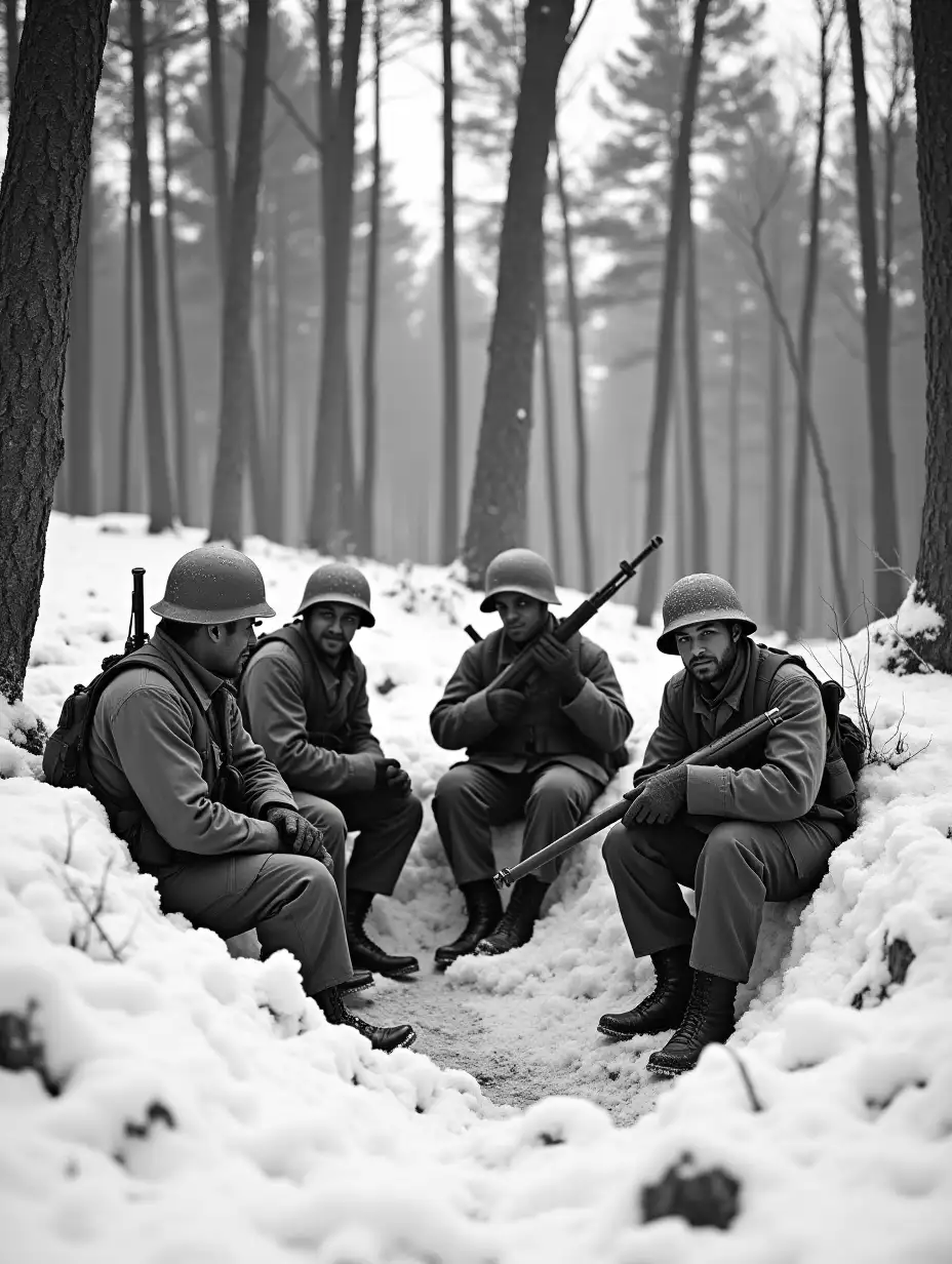 American Soldiers in Snowy Forest Foxholes During World War Two