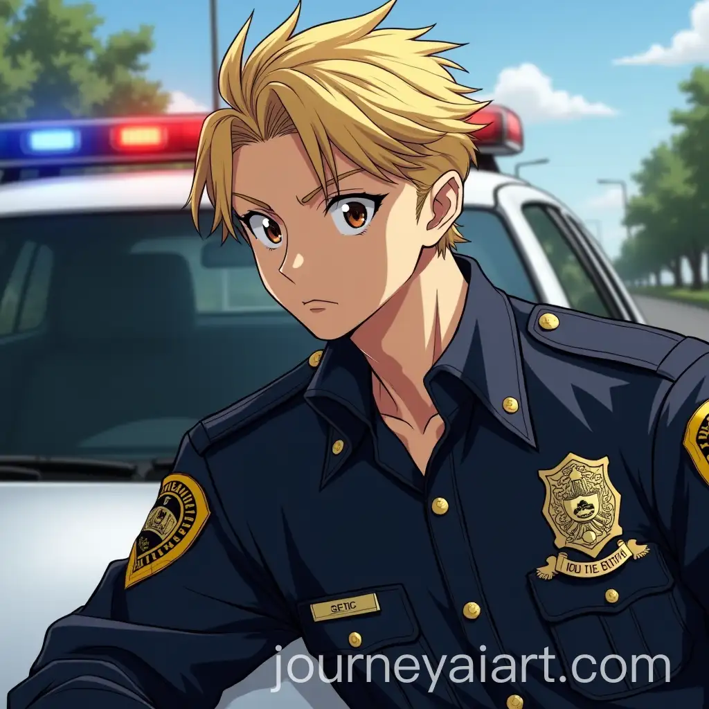 Blonde-Anime-Policeman-with-Angular-Features-by-a-Police-Car