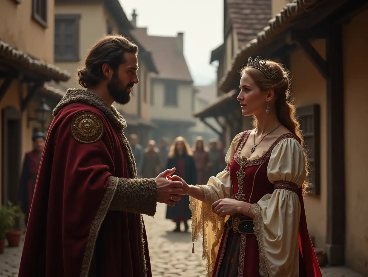 A nobleman in the Middle Ages holds a lady's hand against the background of a medieval street