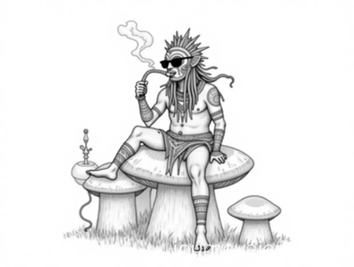 Shaman-on-Fly-Agaric-Mushroom-with-Tribal-Mask-and-Hookah