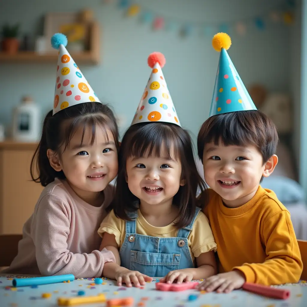 Three Asian kids, in a room full of festive atmosphere, wearing party hats and other elements of Children's Day, blue, atmosphere, real shot, delicate,