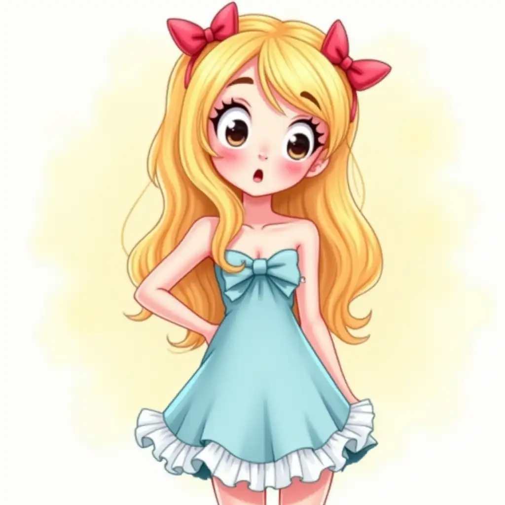 A cartoon illustration of a young woman with long, tousled blonde hair adorned with red bows. She has wide, expressive eyes and rosy cheeks, giving her a surprised or flirtatious look. She wears a light blue, strapless dress with a white frilly hem and a bow at the front. In her left hand, she rests on her hip, striking a playful pose against a soft, light background. Vibrant colors. Watercolor 3D