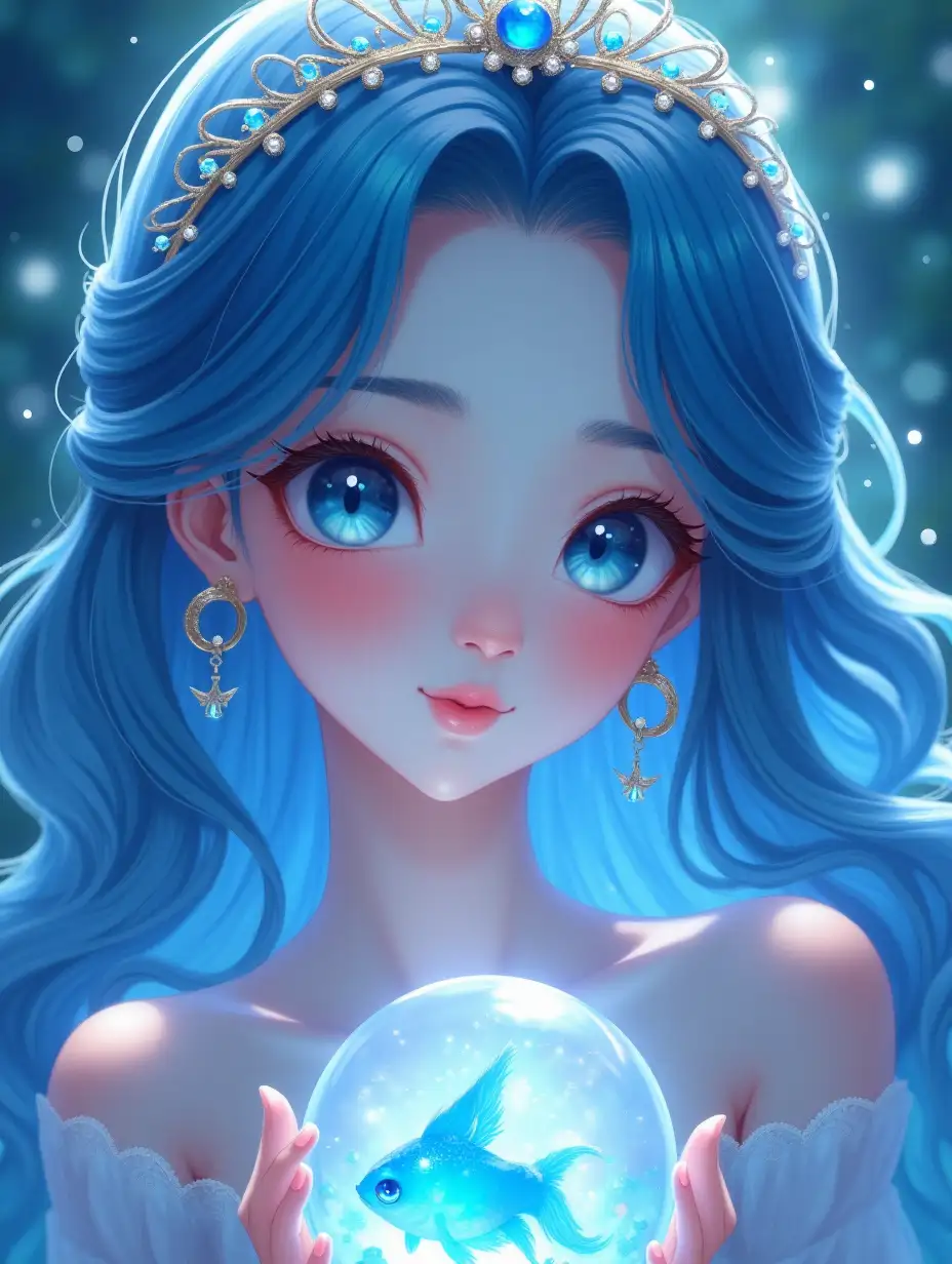 Hyperrealistic anime portrait of a sweet beauty young Indonesian woman, heart-shaped face, large blue eyes, cascading blue hair with iridescent highlights, delicate tiara, wistful expression, captured in an orb with luminous fish, ethereal beauty, intricate details, channels WLOP and Artgerm style, vibrant blue palette, face featuring almond eyes and subtle button nose, serene yet curious gaze, East Asian features with a medley of calm