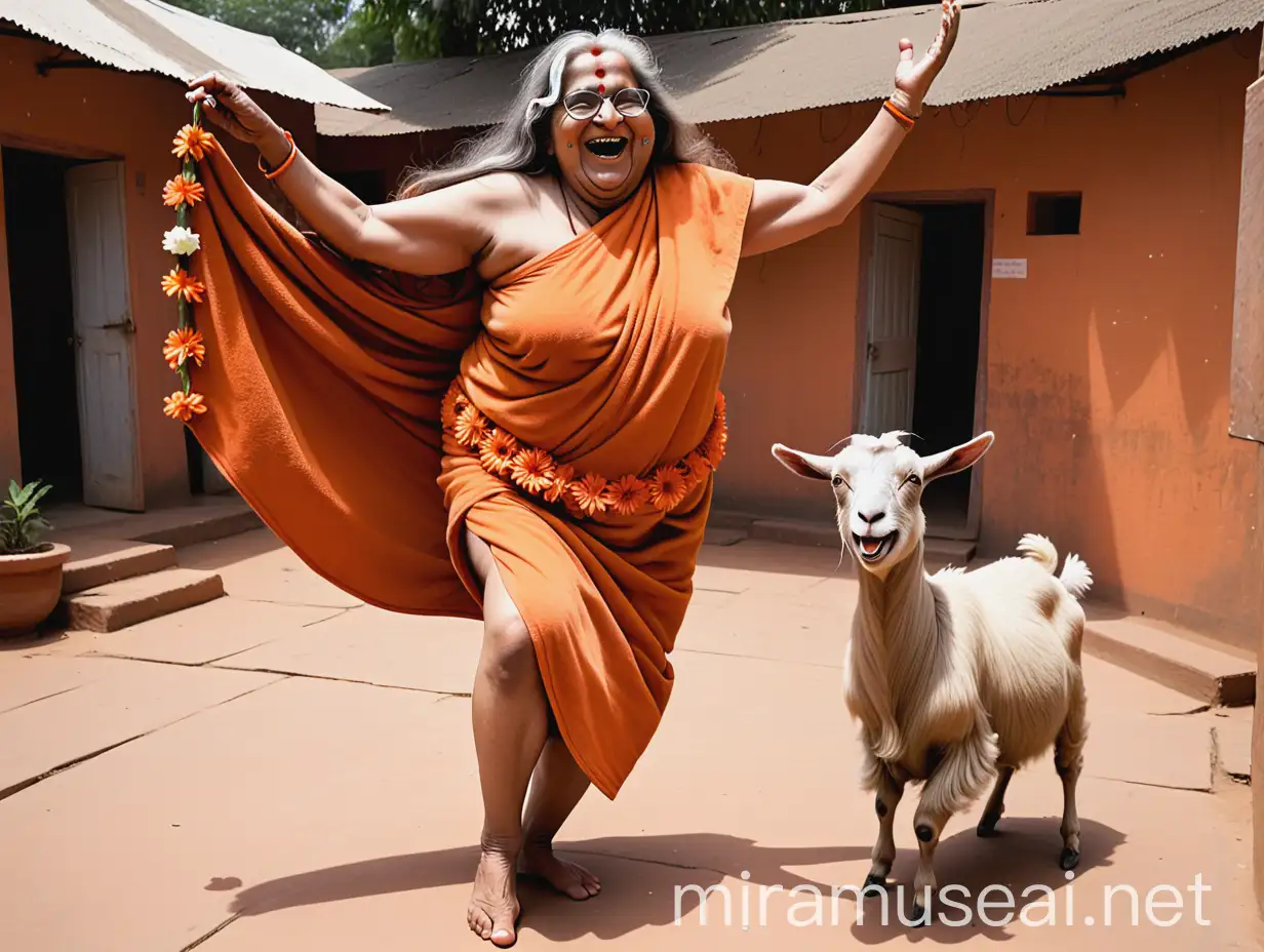 Elderly Hindu Woman Monk Dancing Joyfully in Ashram Courtyard