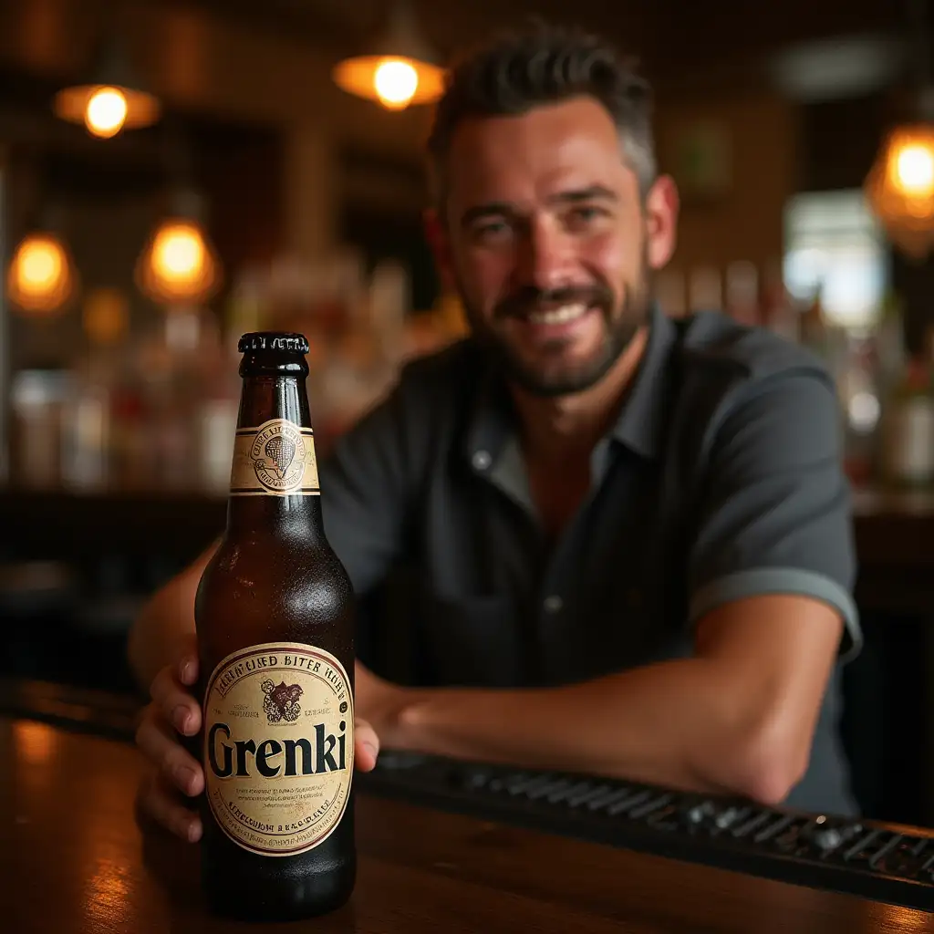 A beer bottle with 'grenki' written on it, next to a typical bar drunk man