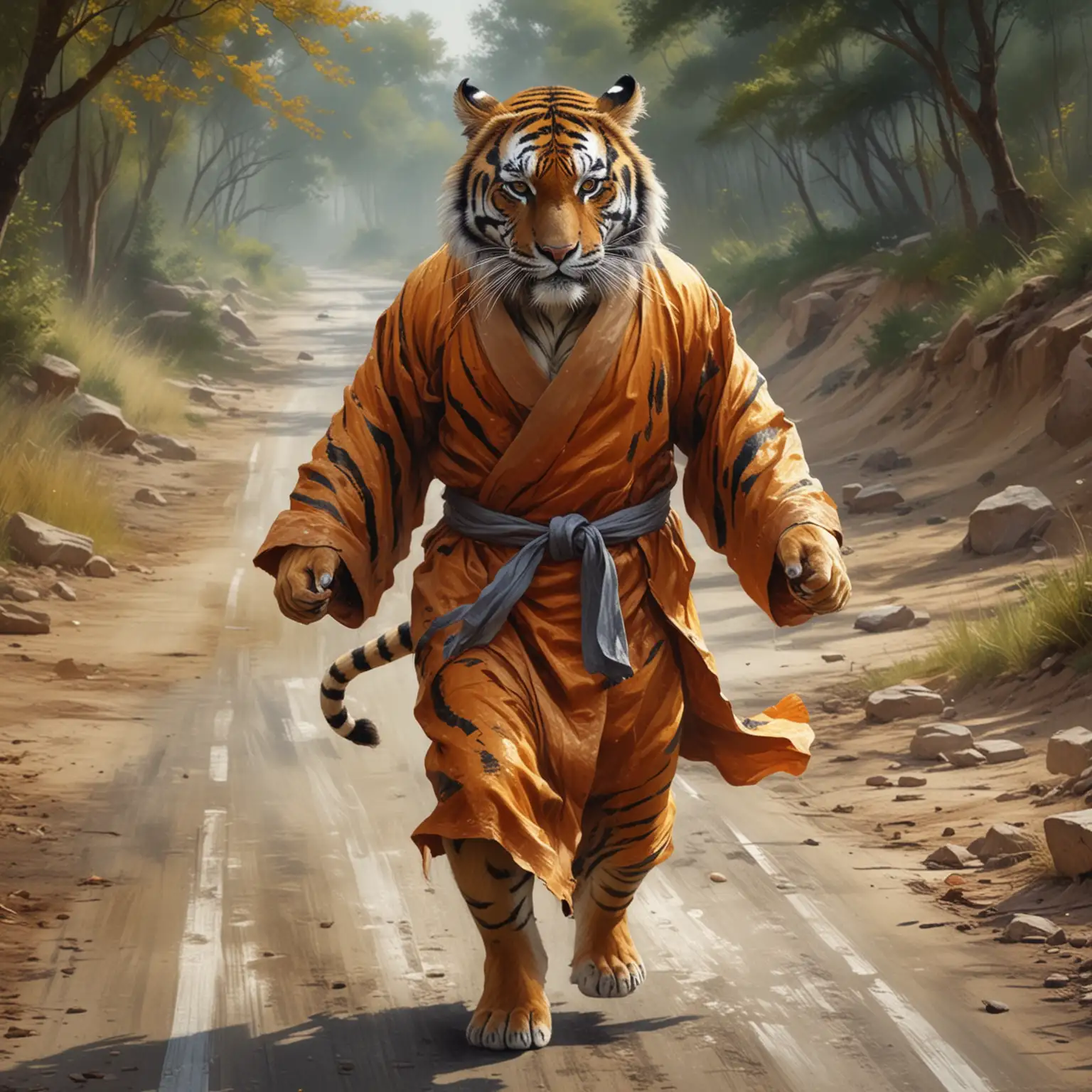 Intelligent-Tiger-in-Robe-Speeding-Down-a-Road-in-Oil-Painting-Style