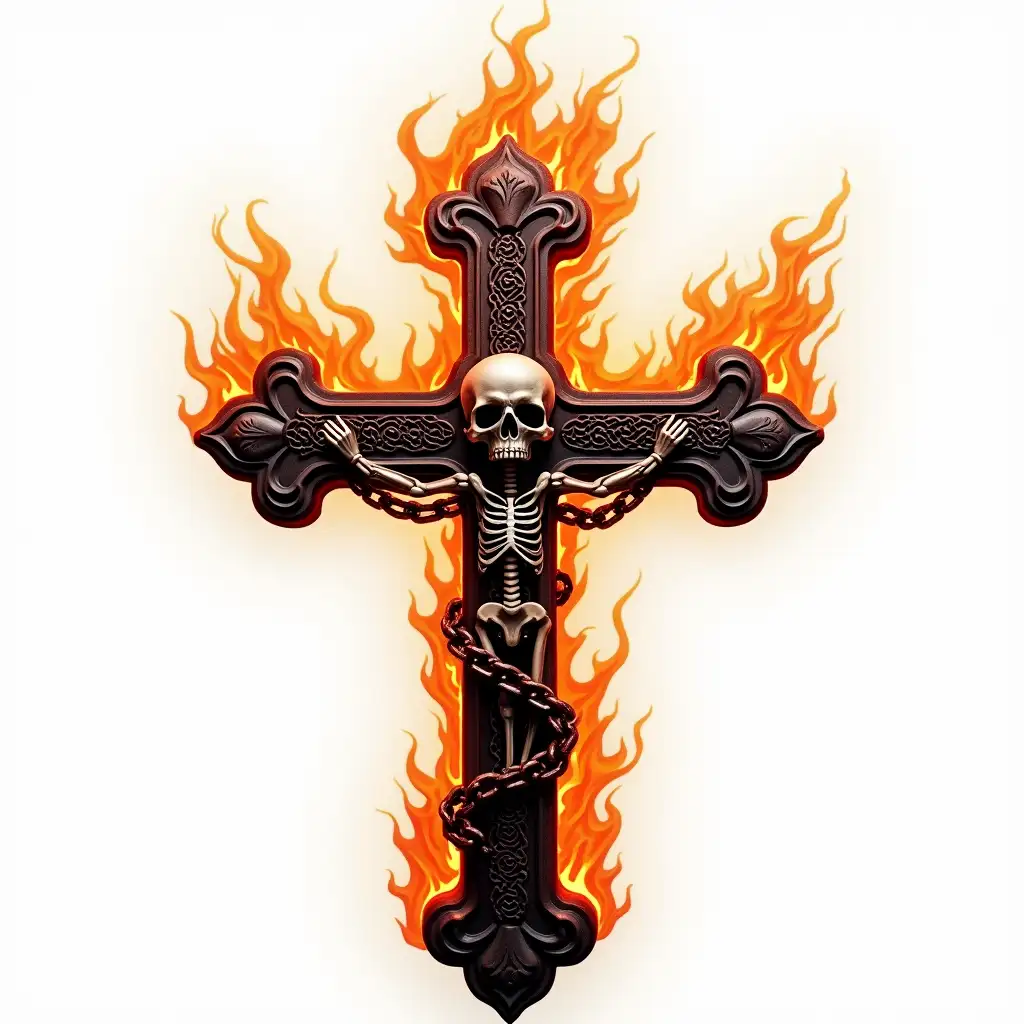 A dark, ornate cross with a skull and skeletal figure at its center. The cross is surrounded by fiery, swirling flames that radiate intense heat and light. The skull appears to be chained to the cross, and the skeletal figure seems to be in a relaxed or resting position. The background is predominantly white, which contrasts sharply with the fiery and dark elements of the cross., vibrant, photo