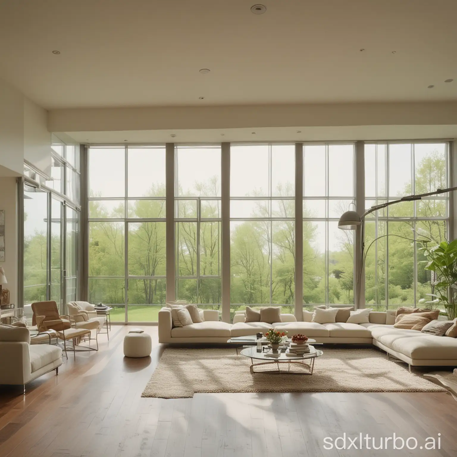 Bright clean HD large American living room with floor-to-ceiling Windows with bright scenes outside