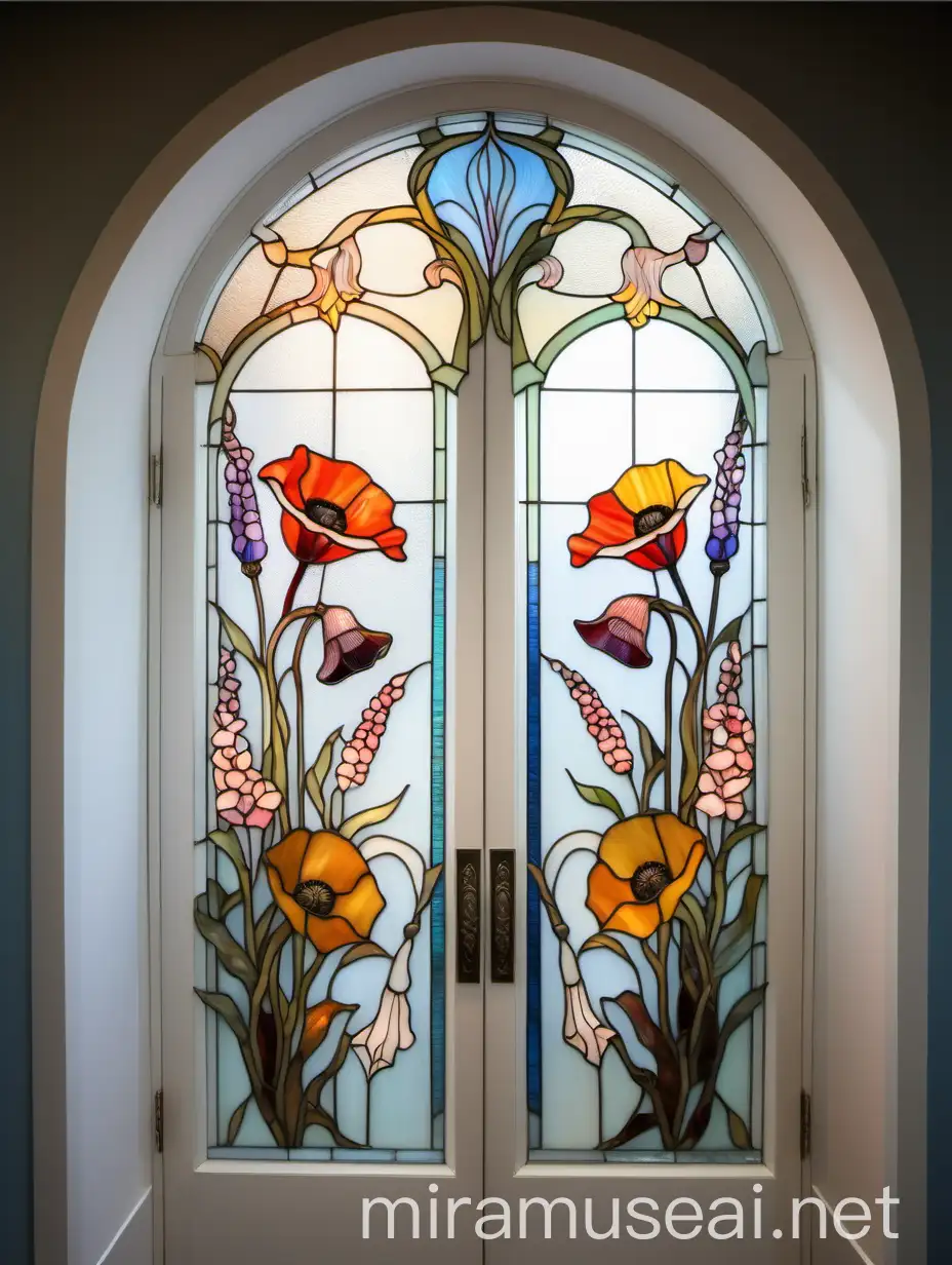 Art Nouveau Stained Glass Floral Ornament of Poppies and Foxgloves on a Door
