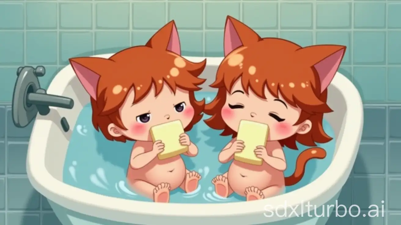 Pregnant-Redhead-Girls-with-Cat-Ears-Playfully-Biting-Soap-in-Preschool-Bathtub