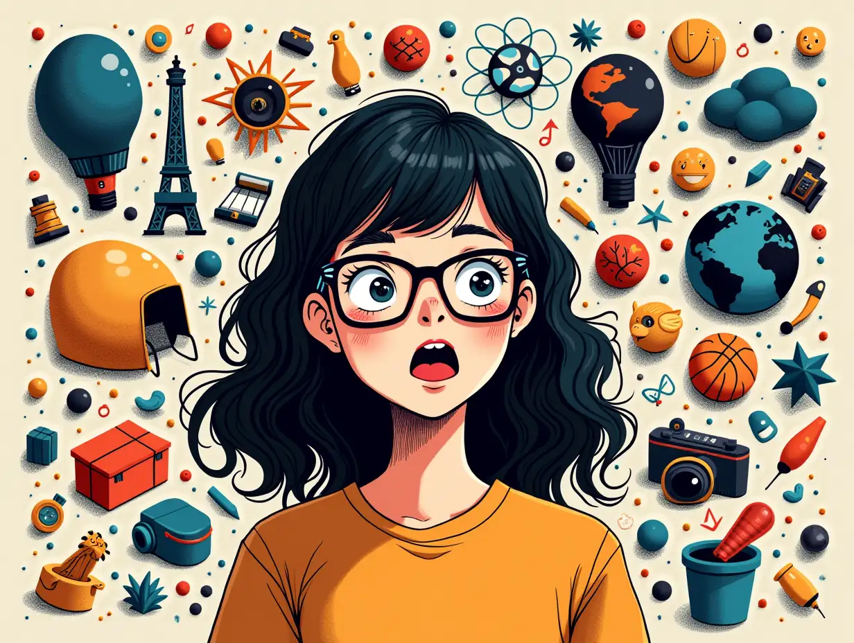 Stylish illustration/comic drawing, modern and detailed, with contrasting vivid colors. A girl with glasses is surprised looking at the camera. She's in the center of the image, half body. In the background there are several concepts: music, cinema, sports, science, animals