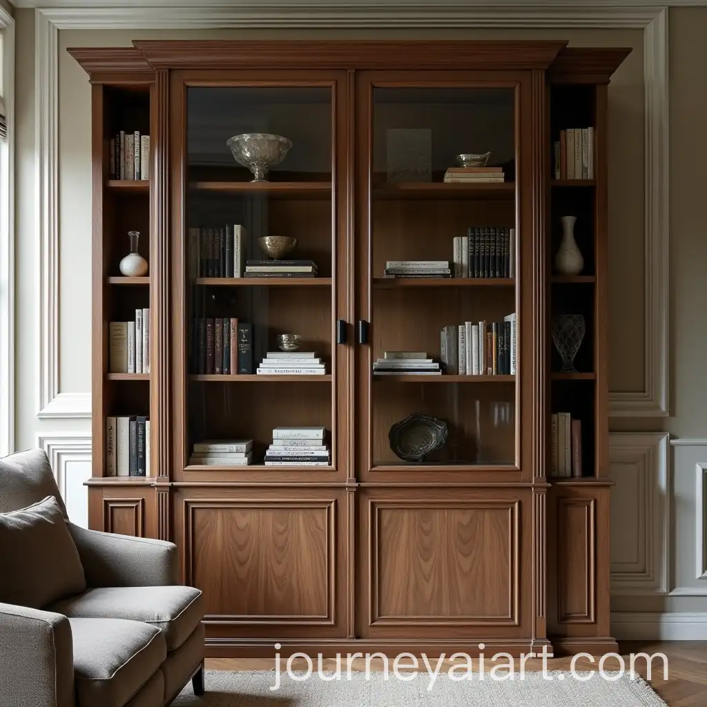 Elegant-Walnut-Veneer-Bookcase-with-Glass-Doors-and-Comfortable-Seating-in-a-Rustic-Room