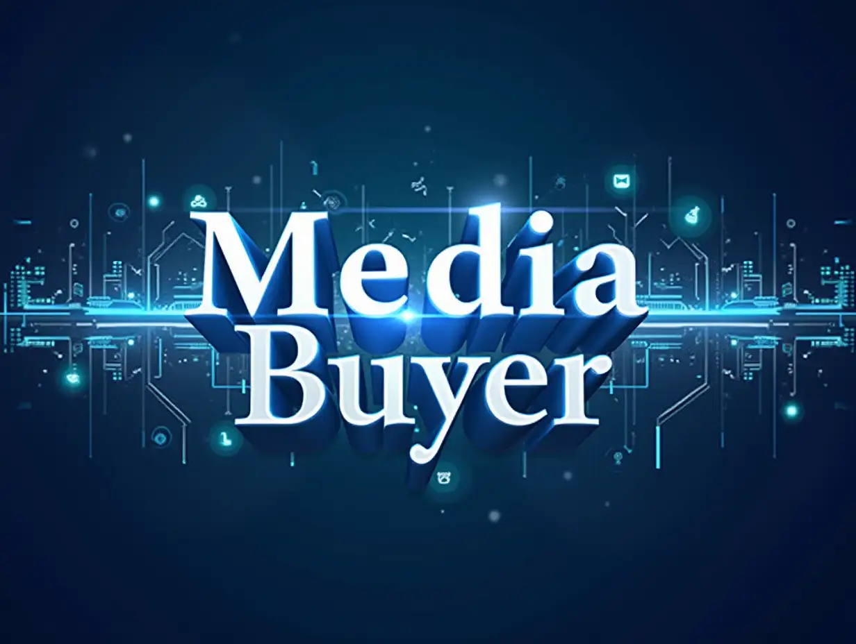 Design a modern and professional poster with the text 'Media Buyer' written in bold, elegant typography. The background should feature a sleek, digital-themed design, such as a futuristic cityscape, glowing data streams, or abstract geometric shapes in shades of blue, white, and silver. Add subtle icons related to media buying, like graphs, analytics charts, or social media symbols, to enhance the theme. The overall style should be clean, minimalist, and suitable for a professional audience.