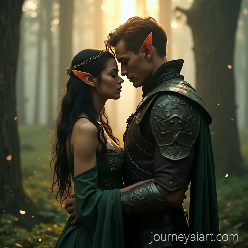 Elven-Lovers-Embracing-in-MistyElven-lovers-in-mist-Enchanted-Forest-at-Dawn
