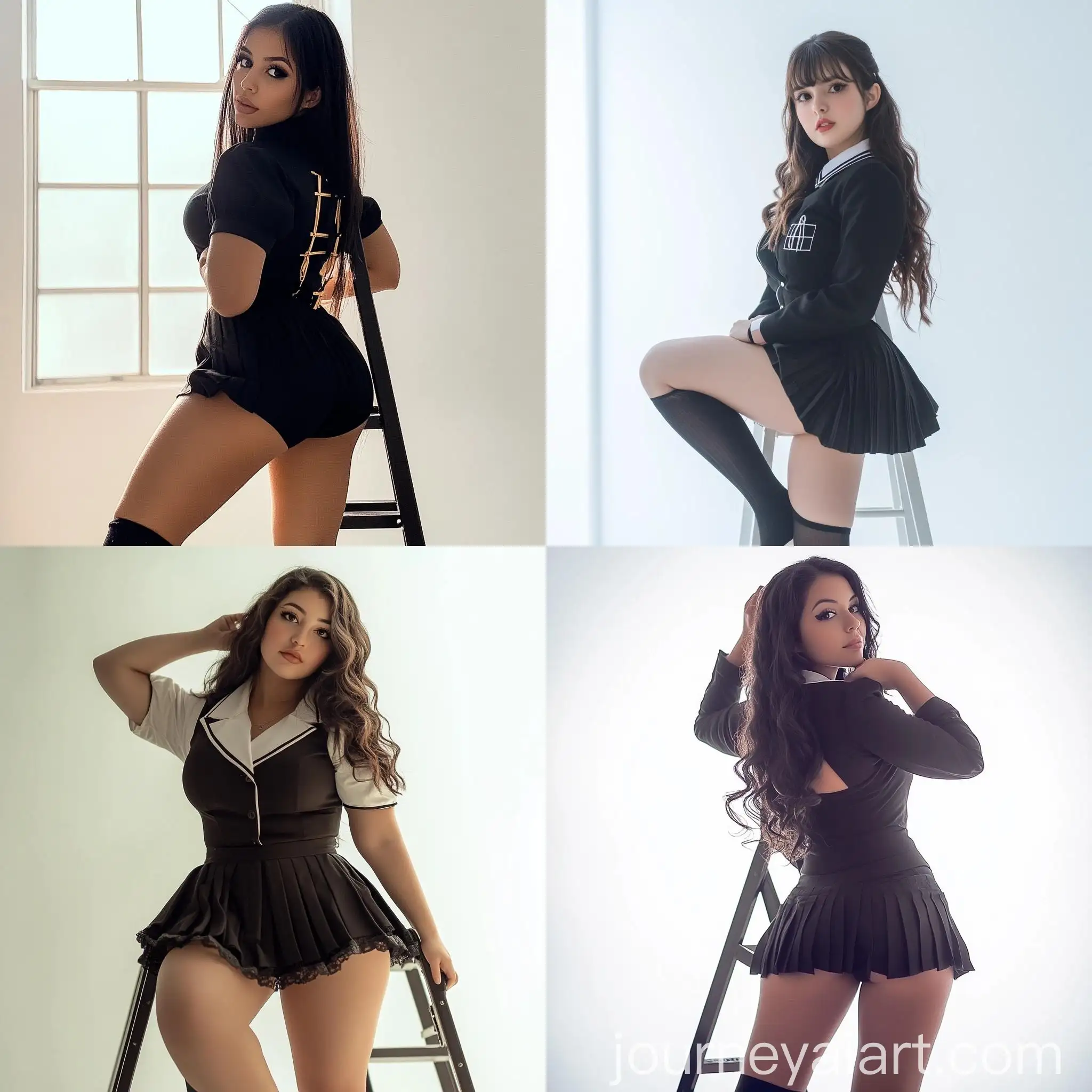 Brazilian-Woman-in-Black-Seifuku-School-Uniform-Posing-at-Photography-Studio