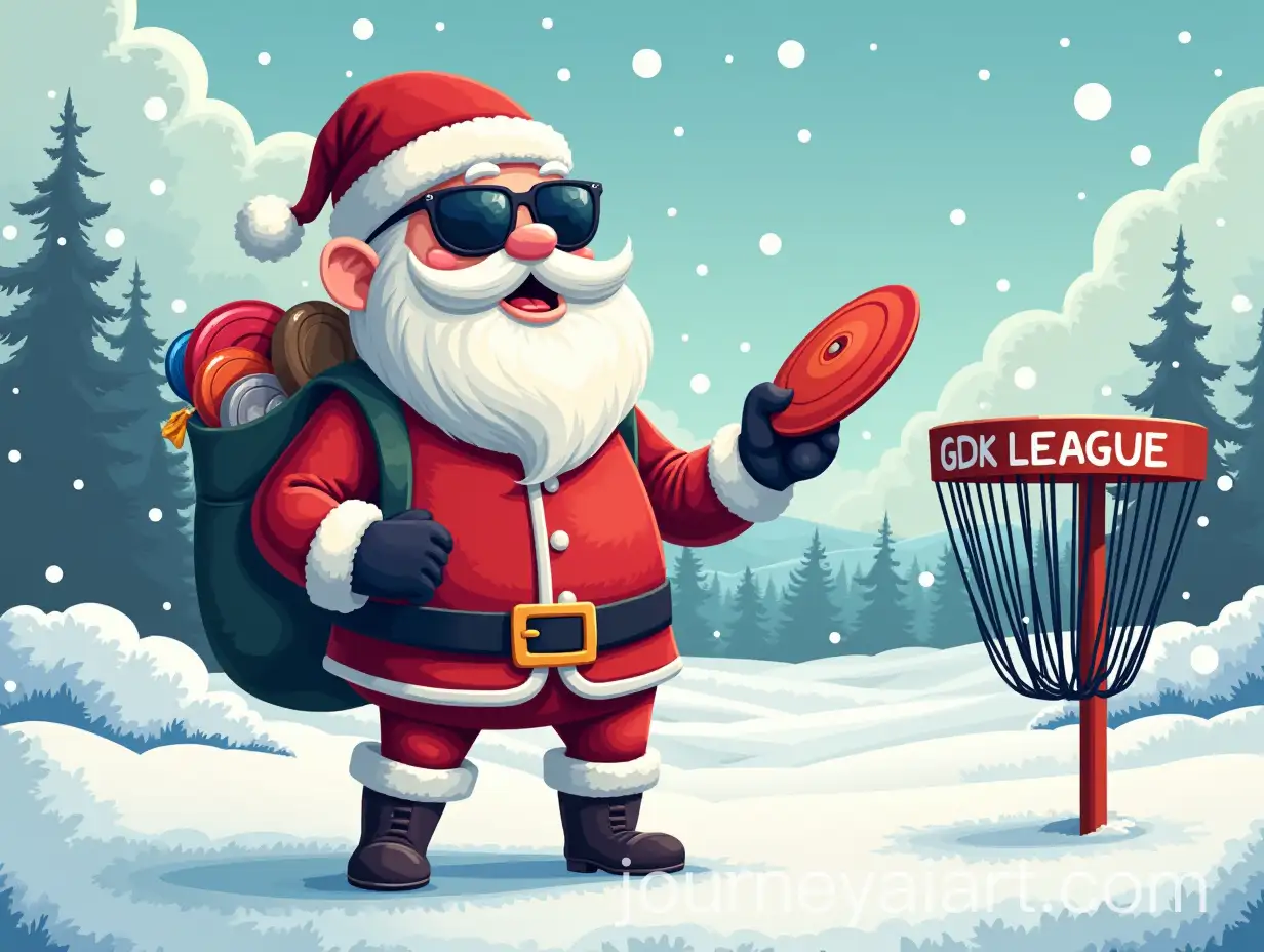 Santa-Claus-Playing-Disc-Golf-in-Snowy-Park-with-Christmas-Atmosphere
