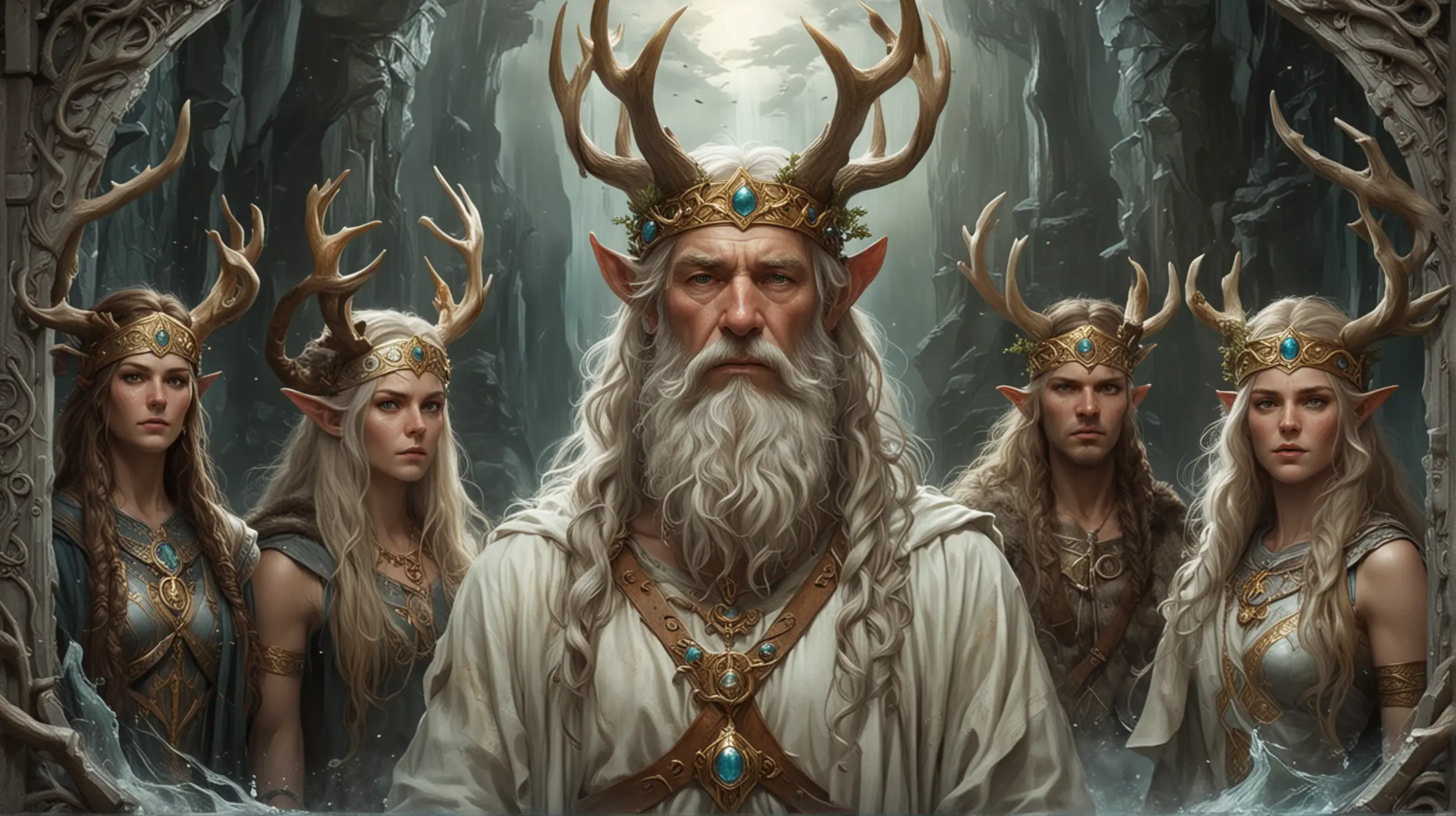 Depict old Njörd, the god of the sea and wind and his twin adult children, Freyr, the god of fertility wearing his antler crown, and Freyja, the most powerful sorceress in all the Nine Realms. Show them all being escorted by Aesir warriors through the gates of Asgard of Norse mythology. Show all of this in grayscale.