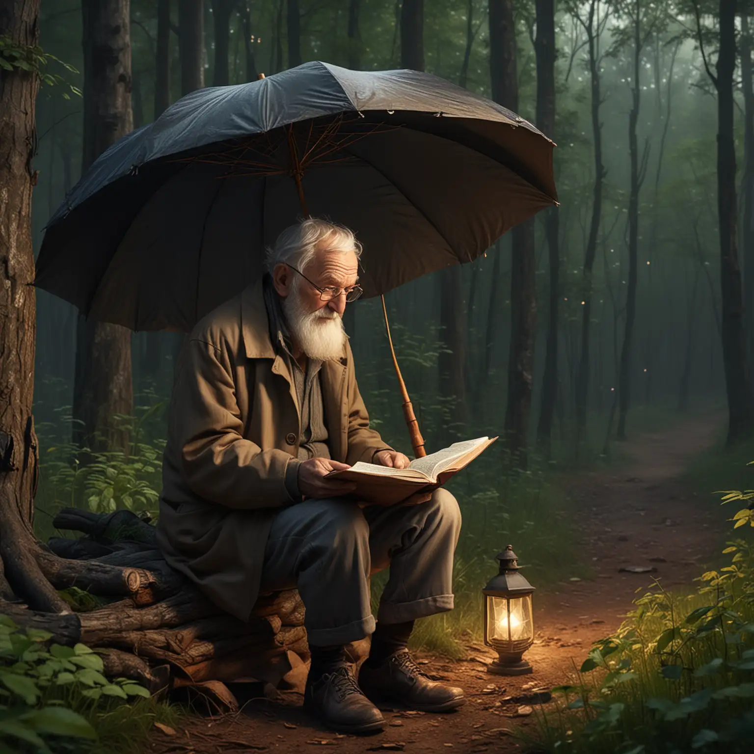 an old man sits in the forest and reads a book under an umbrella, evening, realistic