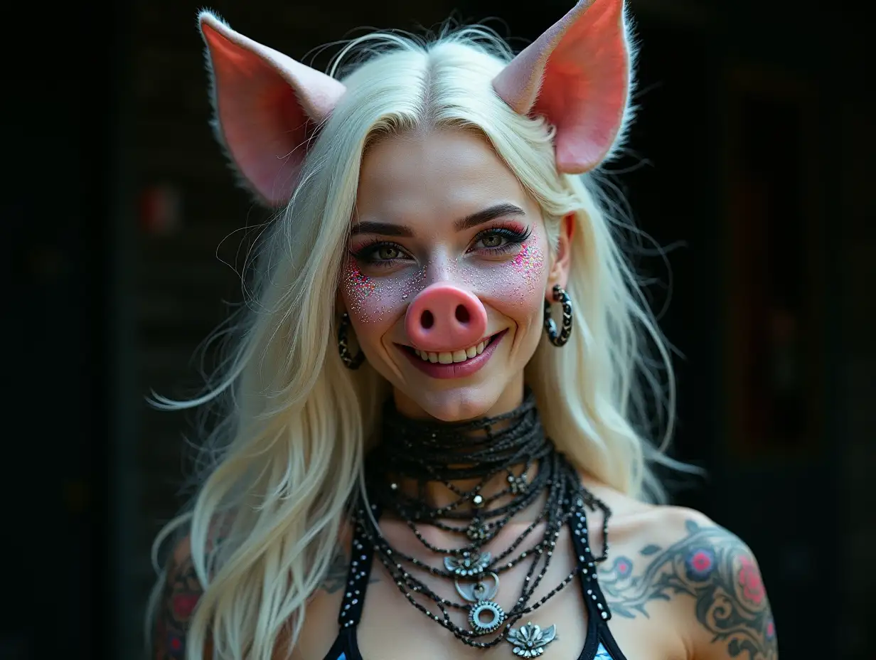 representation of a beautiful woman with pig face, sparkling around the eyes with a smile on her face-tattoo, long white and black checkered hair and laced boots, with intricately detailed, colorful and futuristic jewelry.blurry black background 120-mm shot