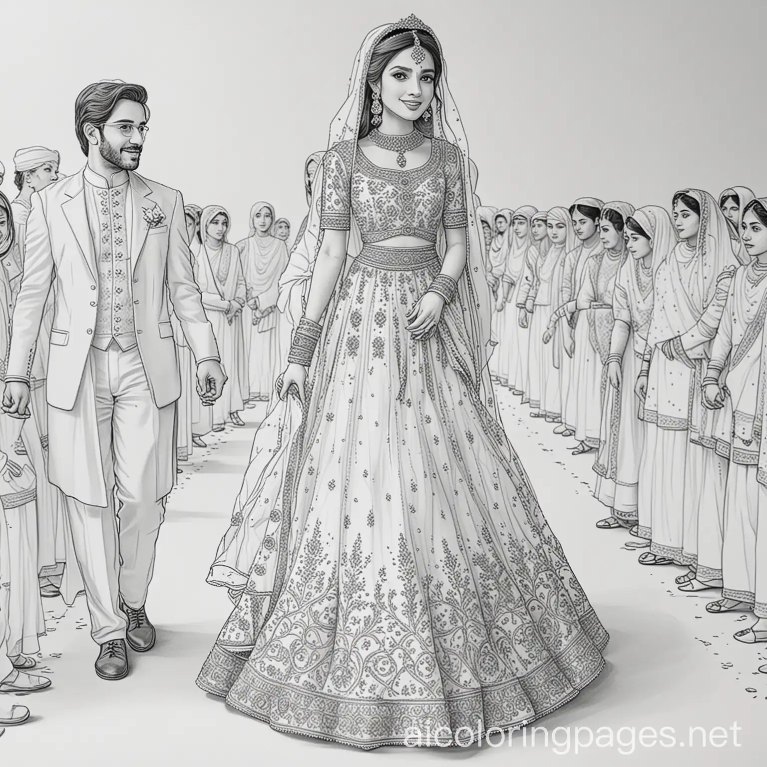 A pakistani princess walking down the aisle in lehnga, Coloring Page, black and white, line art, white background, Simplicity, Ample White Space. The background of the coloring page is plain white to make it easy for young children to color within the lines. The outlines of all the subjects are easy to distinguish, making it simple for kids to color without too much difficulty