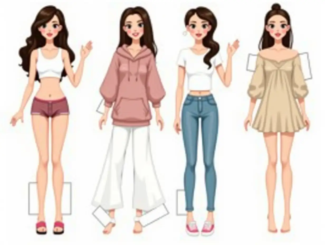 Create a high-resolution illustration of a paper doll with long dark brown hair, brown eyes, and pale skin. The doll should be full-length, standing upright, wearing a simple basic outfit with soft contours suitable for cutting. Include classic fold-over paper tabs at the edges for changing outfits. Design one or two additional outfits (e.g. baggy jeans, hoodie, little beige puffy dress) and accessories (e.g. iPhone 12 mini, baby boy doll, fake pregnant belly, shane tote bag). The style should be playful, slightly vintage, and clean, like traditional 80s/90s paper dolls, but with some Bratz elements.