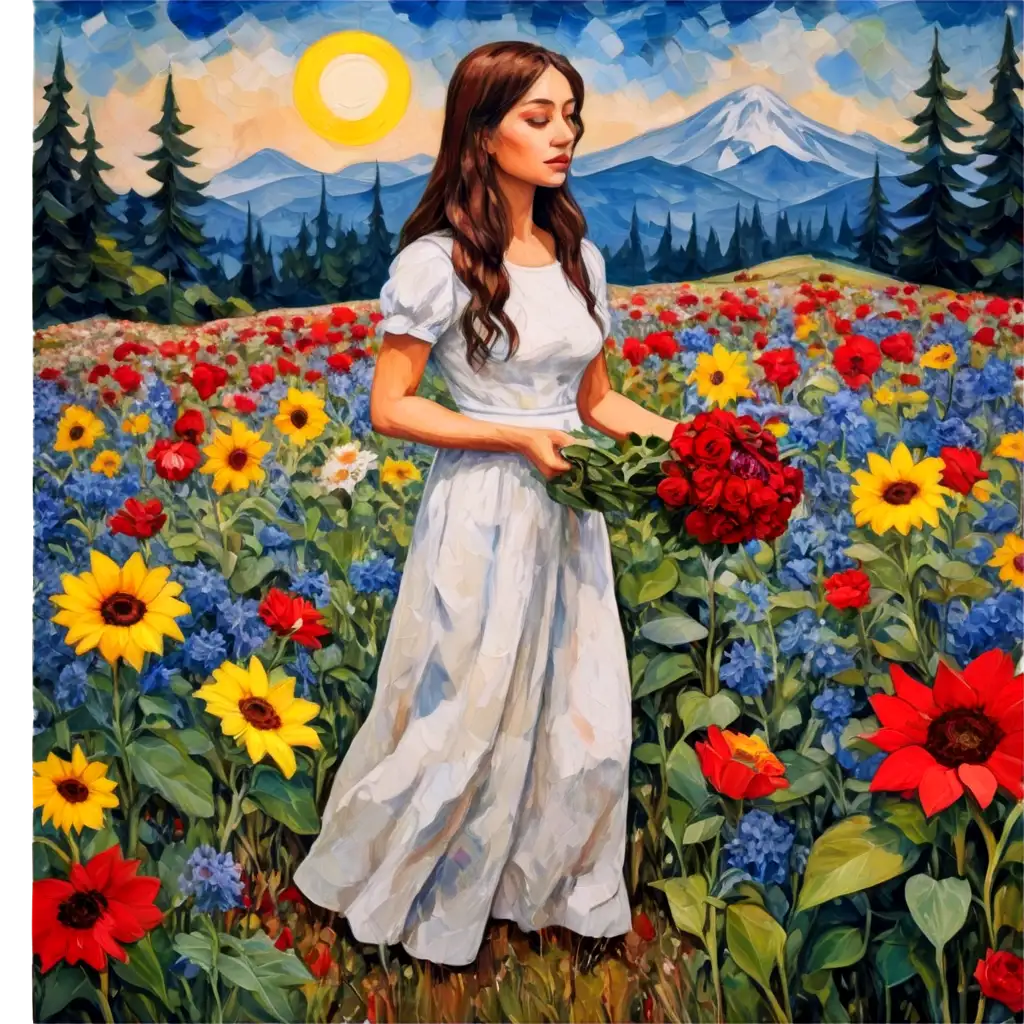 Colorful-Flowers-in-Forest-PNG-Girl-in-Expressionist-Painting-Style-with-Sunflowers-and-Roses