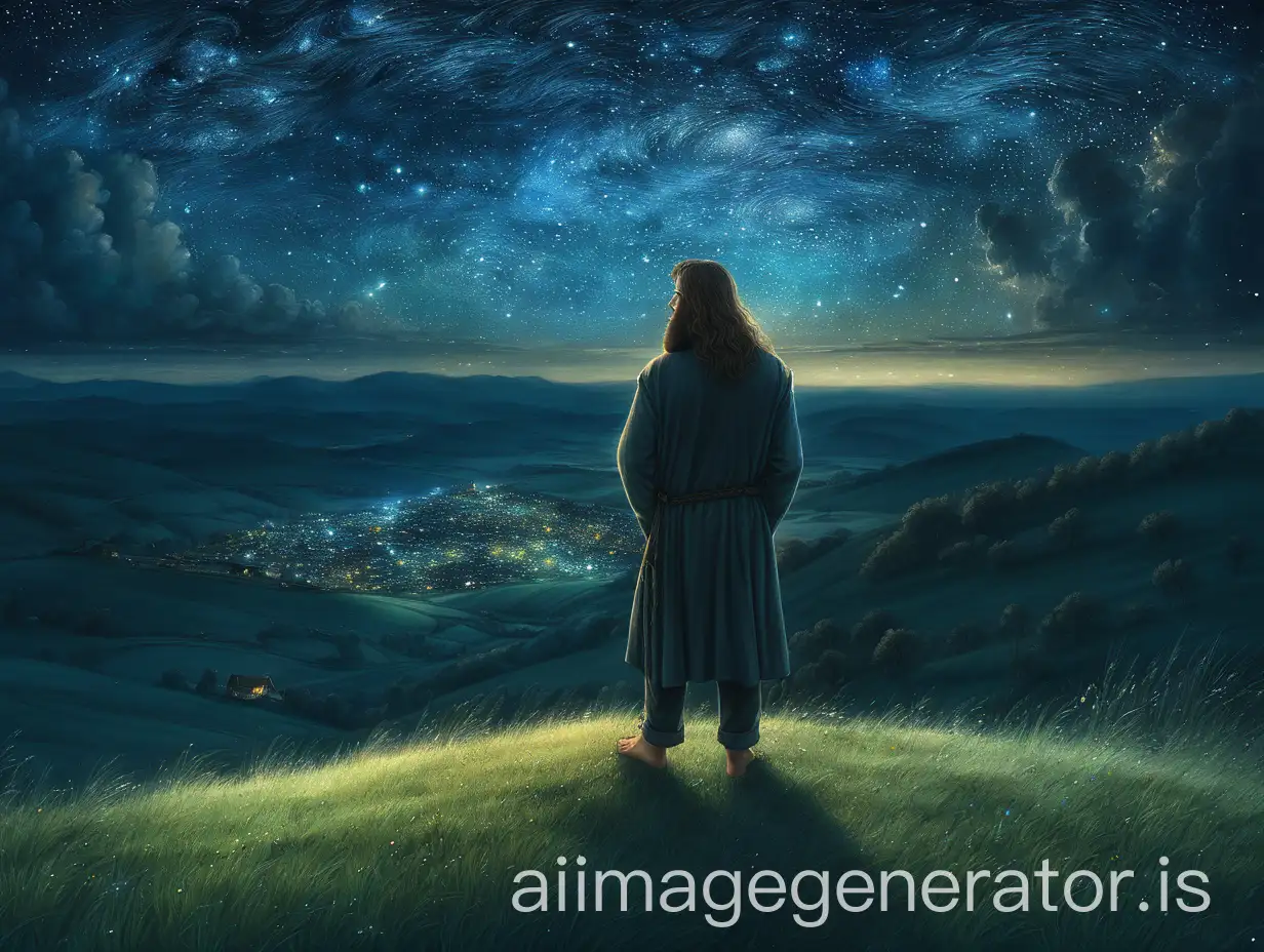 Man-with-Beard-and-Long-Hair-Gazing-at-Starry-Night-Sky-from-Hilltop