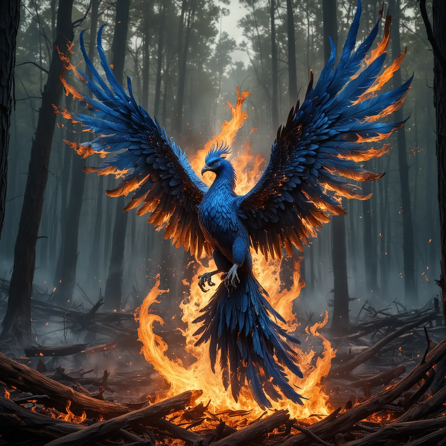 A stunning blue fire phoenix emerging from a blazing inferno, its wings and tail feathers trailing blue fire. The background is a burning forest, with charred trees and embers floating in the air. The phoenix’s intense gaze and powerful posture convey determination and defiance. The mood is intense and dramatic, highlighting the themes of survival and rebirth. Digital art, with a focus on intricate details and fiery effects, --ar 9:16 --v 5