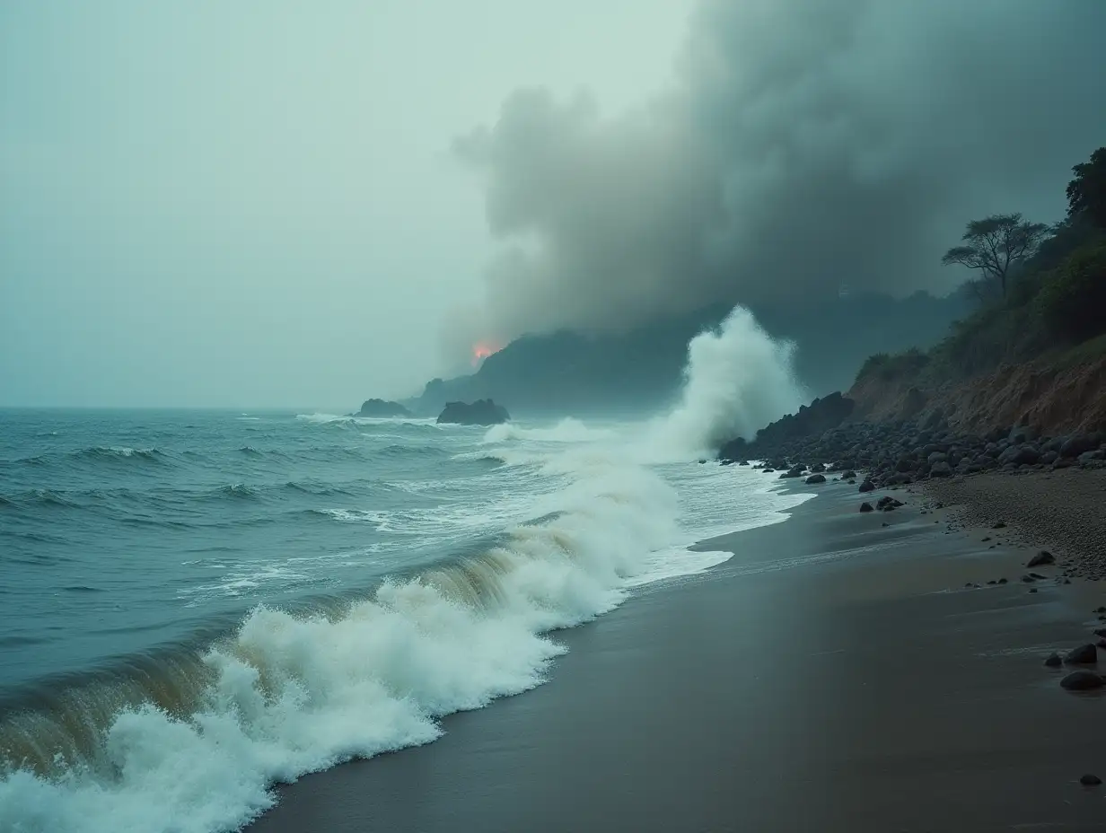 image close up, smoke, dust, biggest tsunami at sea, on the coast, flooded city, injured people, victims, people in panic, drowned people in sea, chaos