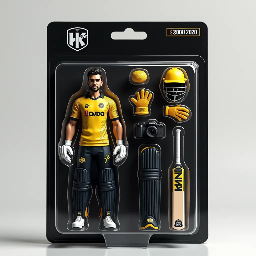 Create a toy-style action figure packaging mockup with [Hashim King] standing in [Peshawar zalmi kit], arms down, inside clear blister packaging. Include accessories: [keeper gloves pad bat batting gloves DSR camera and psl trophy], neatly arranged next to the figure. Background color: [Black]. Add a bold black header with the brand name '[HK]' at the top. Include a price tag displaying '[200_]' in the top-right corner. The packaging should have a professional, collectible-style look with crisp details, shadows, and glossy highlights.