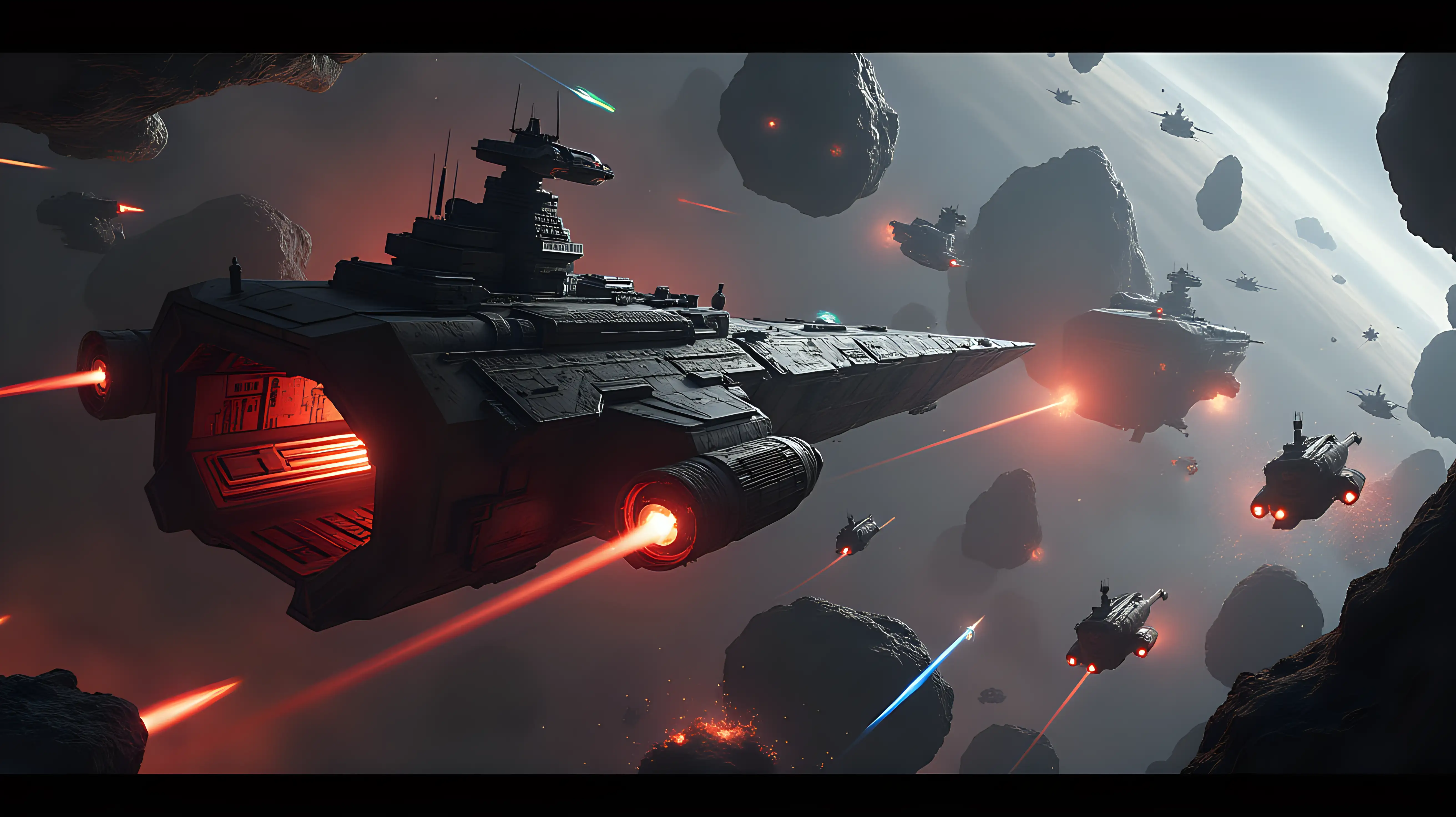 "Depict a dramatic, wide-angle sci-fi battle raging along the edge of a sprawling asteroid field, as Faction 42 clashes with rival groups of pirates and scavengers for control of the belt. The scene is filled with chaos and action, with ships of varying sizes and designs engaged in intense combat. 

Faction 42’s angular, militaristic ships dominate the composition, their dark metallic hulls gleaming faintly under starlight. Bright red energy weapons fire in precise volleys, their beams streaking across the scene toward enemy vessels. Smaller escort ships weave defensively around a massive dreadnought carved from a hollowed asteroid, its sheer scale and glowing conduits exuding power and menace.

Rival ships, a mix of ragged pirate frigates and cobbled-together scavenger craft, fire back with a chaotic barrage of energy blasts and missiles. Some of their ships explode in bursts of light and debris, sending fragments spiraling into the asteroid field. Other vessels dart between asteroids, using the jagged rocks for cover as they launch daring attacks. 

The asteroid field itself is a chaotic labyrinth, with massive, jagged rocks spinning slowly in the void. Bright explosions and glowing debris illuminate the scene, reflecting off metallic surfaces and casting sharp shadows across the asteroids. Smaller fighters and drones maneuver through the gaps, their engine trails glowing blue and green, leaving streaks of light in their wake.

The backdrop is a dark, star-speckled void, with faint nebulae adding subtle color to the scene. The color palette is a mix of deep blacks, grays, and metallic silvers, contrasted by the vibrant red, blue, and orange highlights of weapon fire, explosions, and engine flares. The atmosphere is chaotic and high-stakes, capturing the intensity of a desperate battle for control of the asteroid belt."