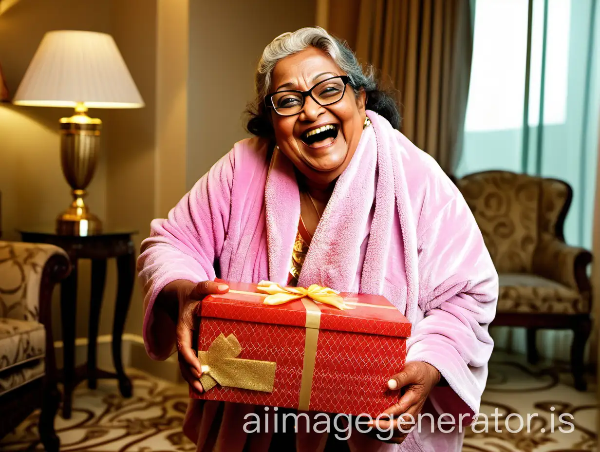 Elderly-Bangladeshi-Woman-Laughing-with-Ornate-Gift-Box-in-Luxurious-Hotel