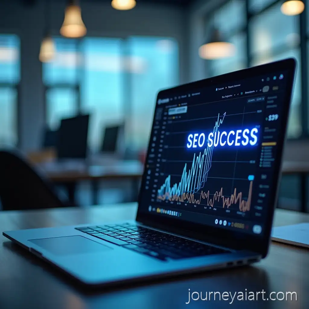 Modern-Digital-Workspace-with-Laptop-Displaying-SEO-Analytics-and-UpwardTrending-Graphs