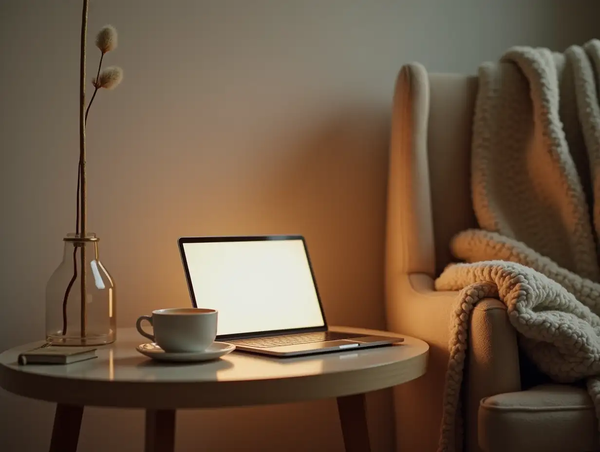 Cozy-WorkspacePeaceful-Workspace-with-Tea-with-Glowing-Laptop-Tea-and-Blanket-in-Minimalist-Setting