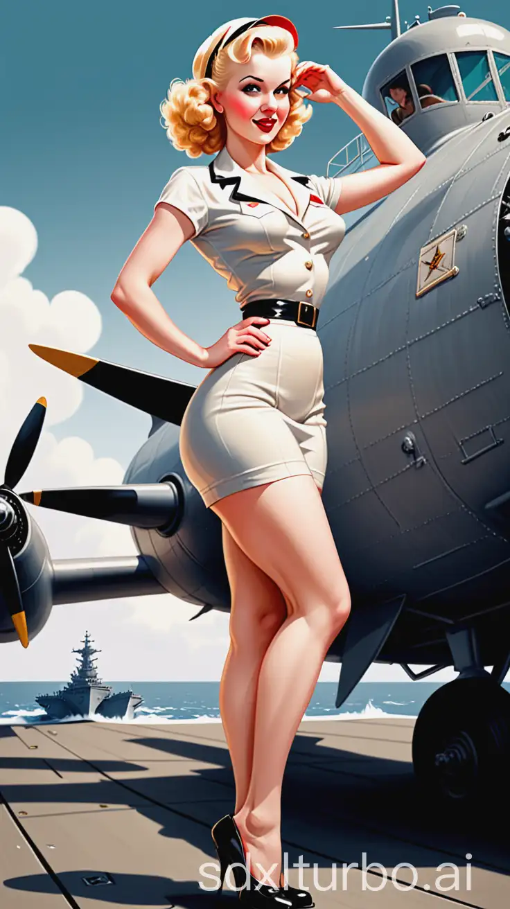 1930s-Pinup-Style-Blonde-Woman-Posing-on-Aircraft-Carrier