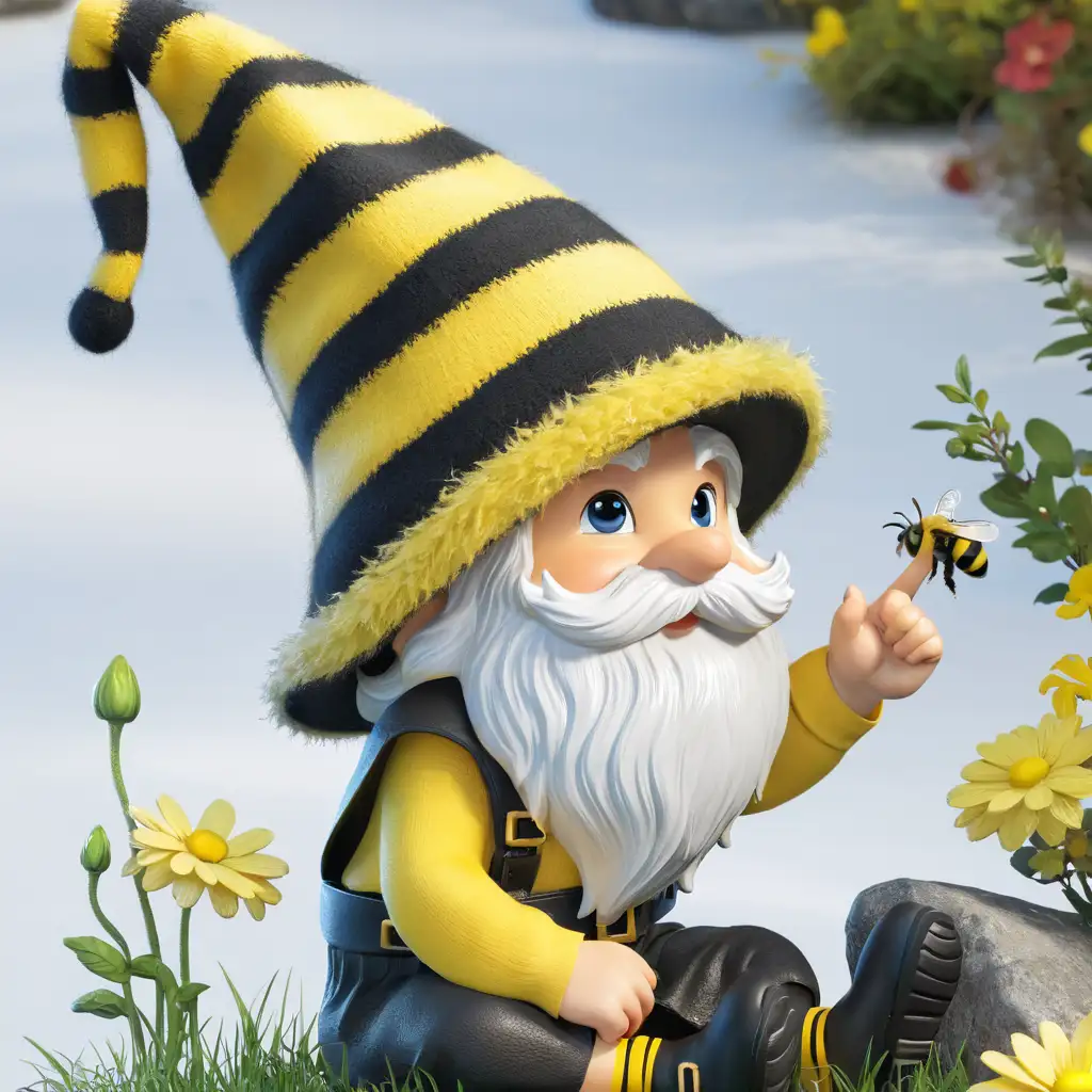 Cheerful Gnome Pointing at a Fluffy Bumble Bee in a Garden