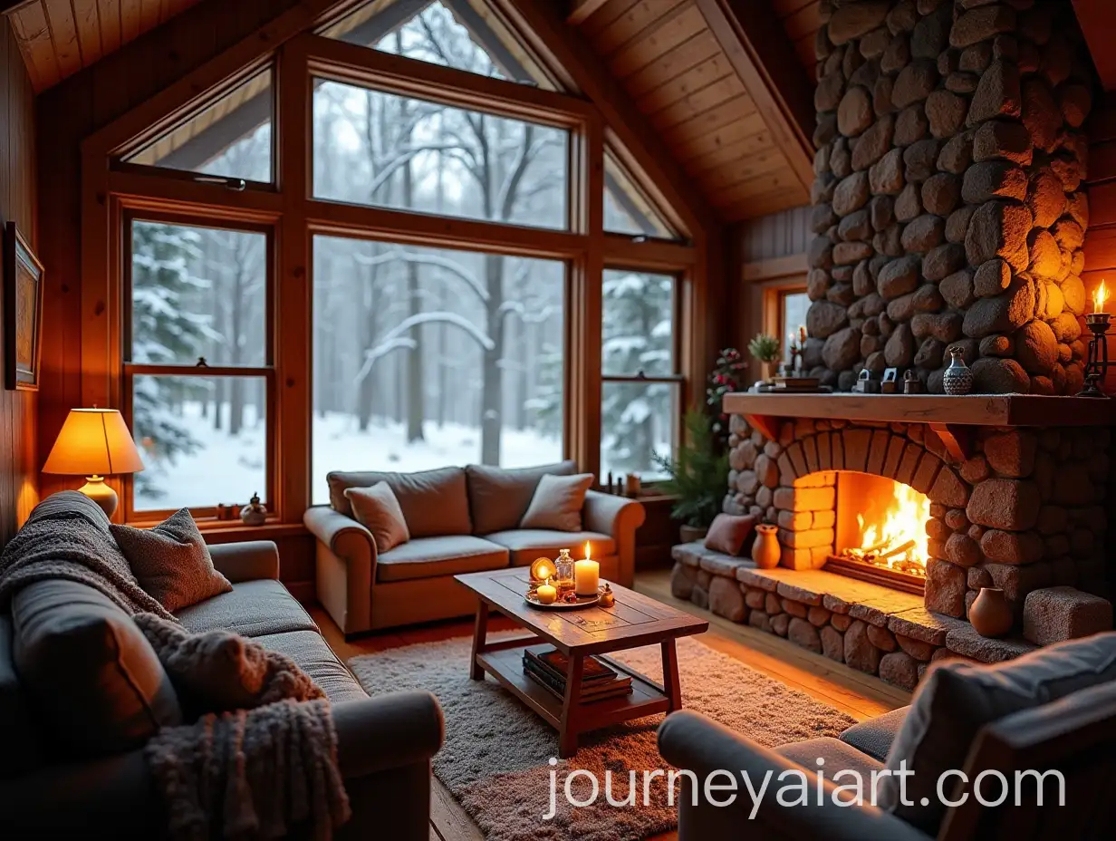 Cozy-Winter-Cabin-Interior-with-Fireplace-and-Scenic-Forest-View