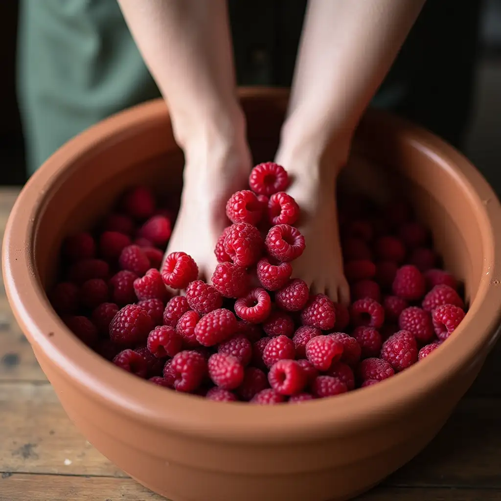 feet crushing raspberries in a large clay pot