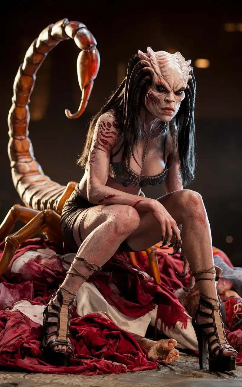 Female-Monster-with-Piercing-Gaze-Sitting-on-Pile-of-Corpses-in-Cinematic-Scene