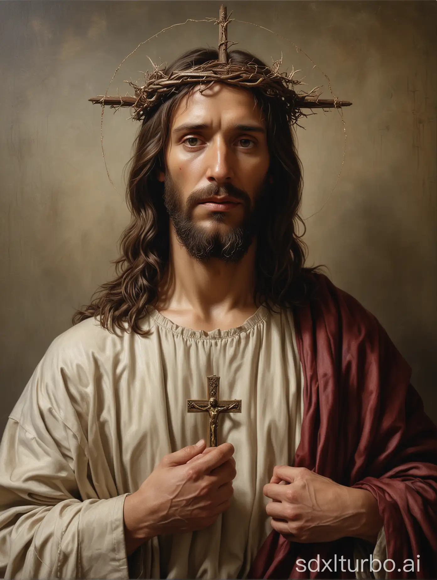 A hyperrealistic canvas of Jesus Christ with his sacred mantle in the style of Ecce Homo