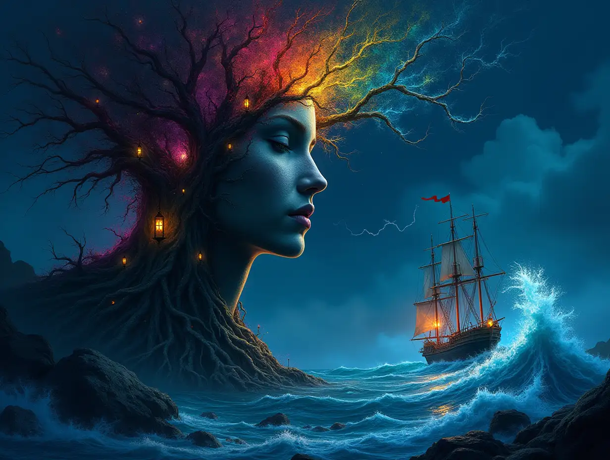 Creating a Digital painting of a face with rainbow hair turning into a building with stones and lighting trees with roots and rocks and lantern at the sea,with large hand sailing ship with lanterns and very big waves and lightning strange creatures-in the night 