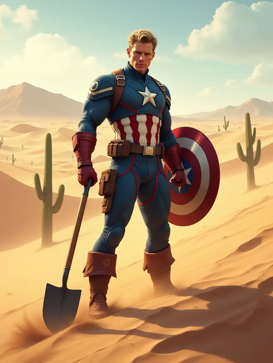 A cinematic, highly detailed digital painting of a superhero resembling Captain America in a vast desert, standing upright while digging into the sand with a shovel. He grips the shovel with both hands, thrusting it into the sand with force. His iconic blue and red suit with a white star emblem is slightly dusty from the desert winds. His face shows determination and slight exhaustion as the sun beats down on him. The desert landscape features rolling sand dunes, scattered cacti, and distant mountains under a bright, golden sky. The lighting is warm and realistic, with shadows stretching across the dunes, capturing a sense of resilience and struggle.