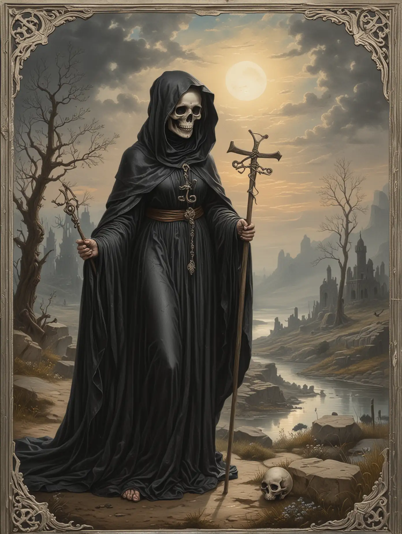 Tarot-Card-Death-Featuring-Female-Figure-in-Black-Robe-with-Scythe-and-Sunrise-Background